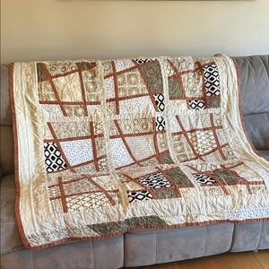 Cream and Rust Patchwork Quilted Throw Blanket - Home Bedding